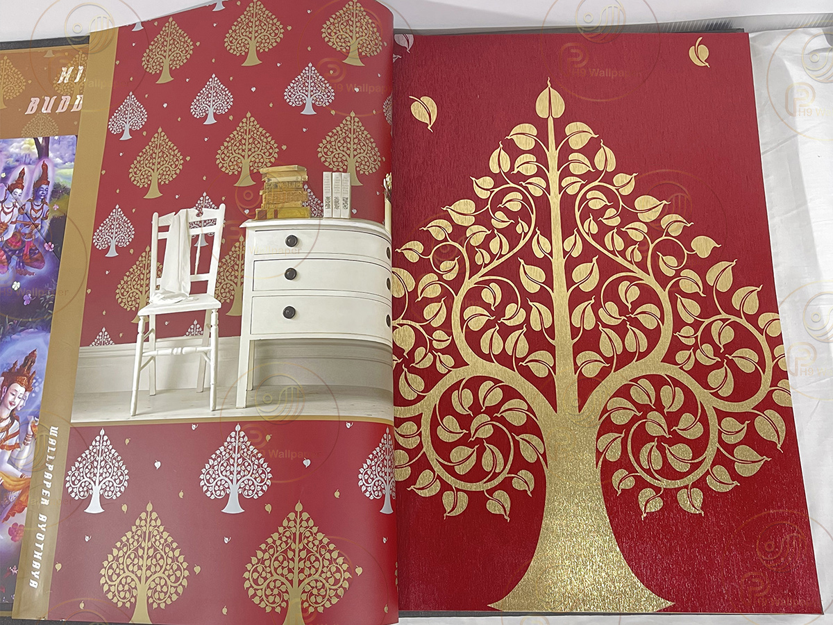วอลเปเปอร์ติดผนังลายไทย ลายต้นโพธิ์ทอง โพธิ์เงิน ตกแต่งห้องพระ