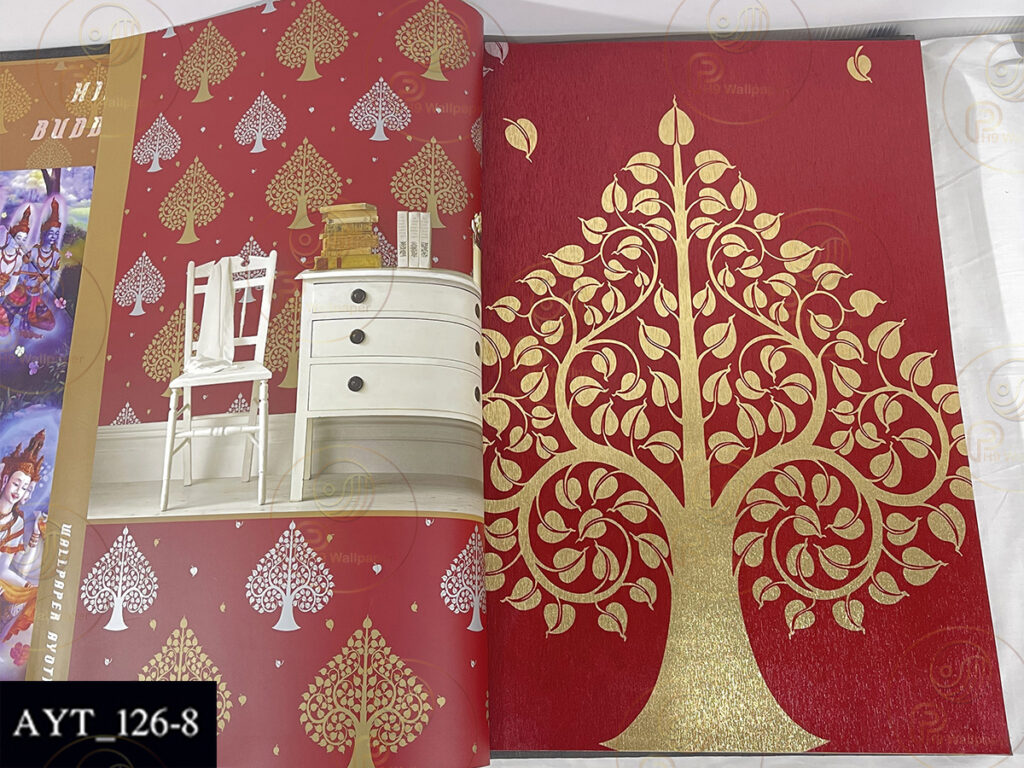 วอลเปเปอร์ติดผนัง ลายไทย ลายต้นโพธิ์ทอง โพธิ์เงิน ตกแต่งผนังห้องพระ วัด โบสถ์ ร้านอาหารไทย ร้านสปาไทย