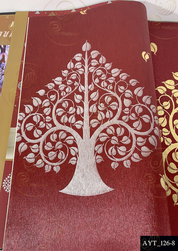 วอลเปเปอร์ติดผนัง ลายไทย ลายต้นโพธิ์ทอง โพธิ์เงิน ตกแต่งผนังห้องพระ วัด โบสถ์ ร้านอาหารไทย ร้านสปาไทย